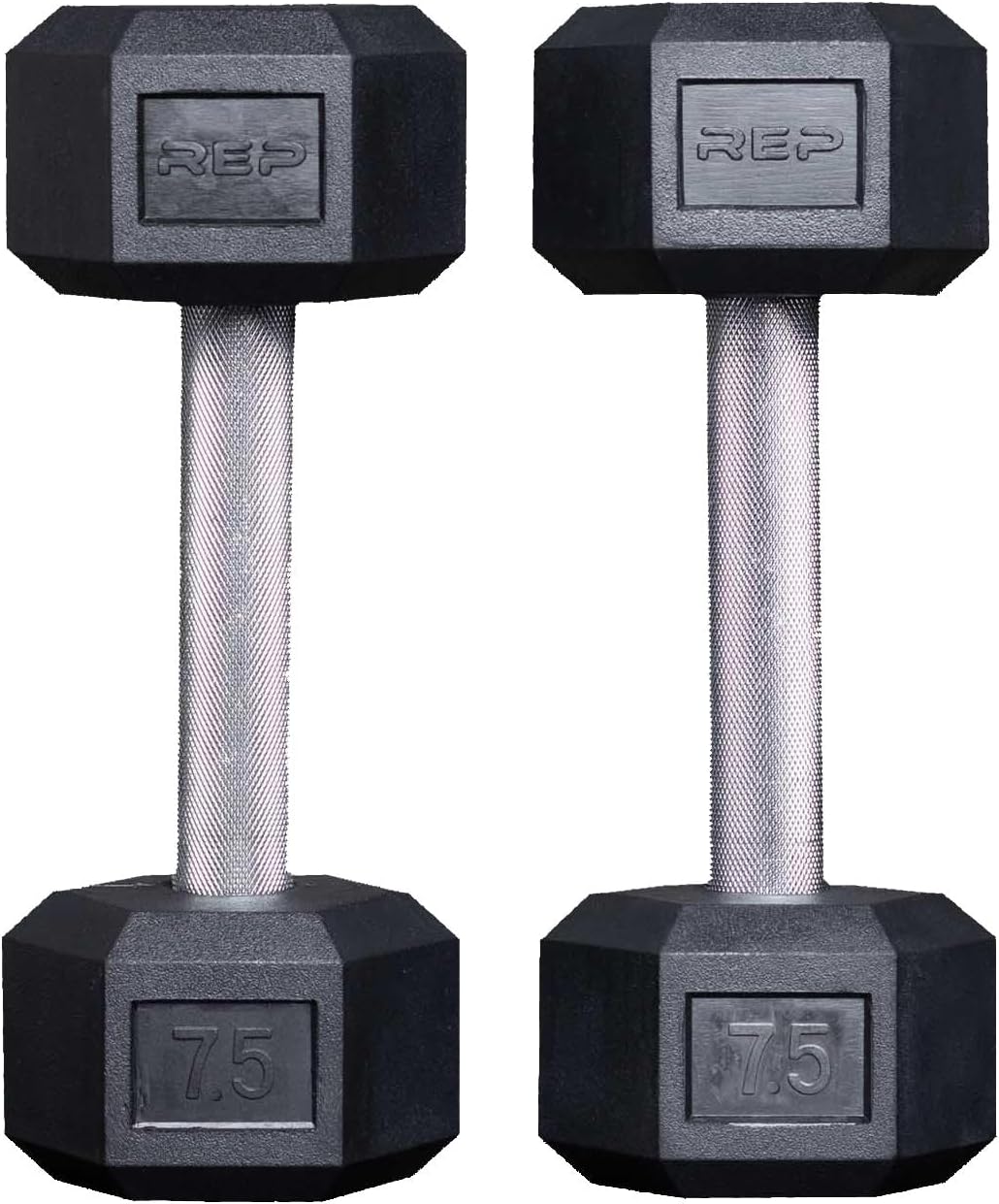 Rep Fitness Rubber Hex Dumbbell(s) - Singles (55LB +) and Pairs (5LB - 50LB) - Low Odor, Fully Knurled Handle