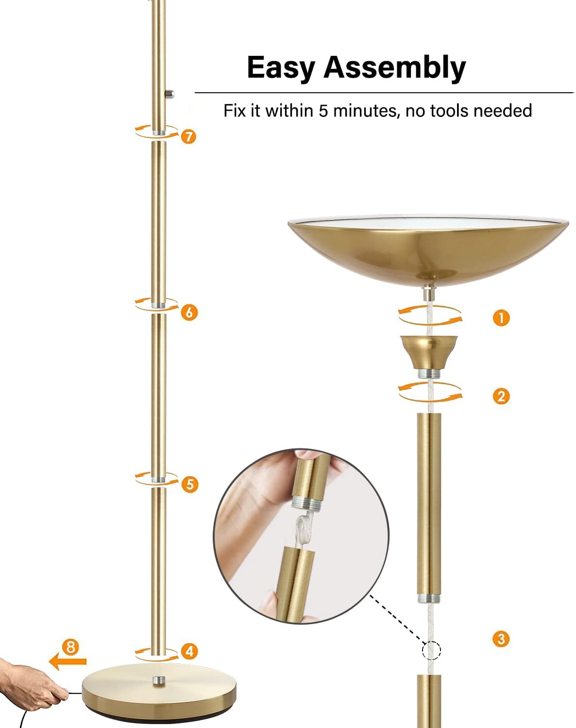 BoostArea Torchiere Floor Lamp, 30W Super Bright LED Standing Lamp, Stepless Dimmable Pole Lamp with 3000K Lighting, Rotary Switch