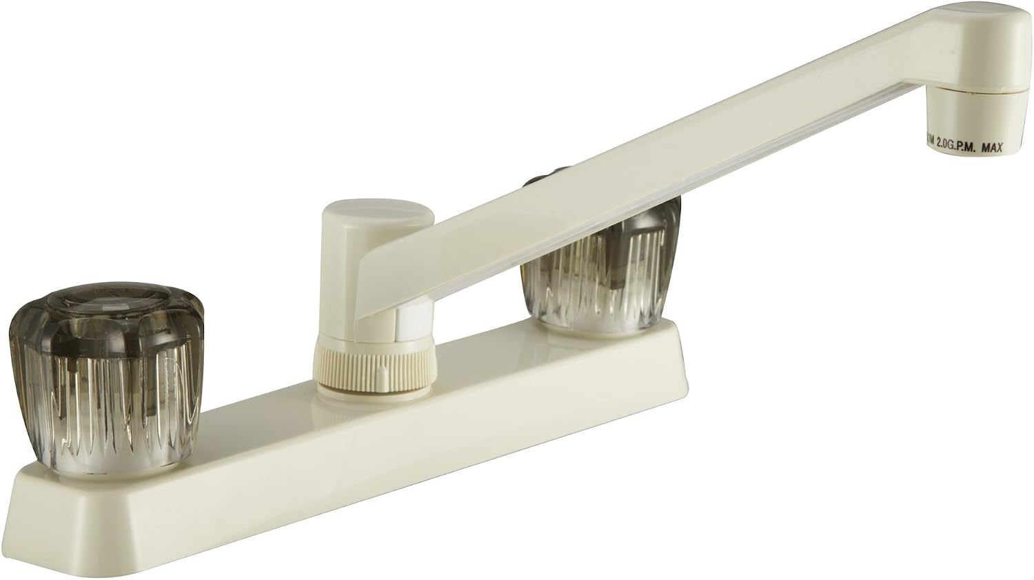 Dura Faucet DF-PK600S-BQ RV Two Handle Kitchen Sink Faucet (Bisque) | Smoked acrylic knobs give smooth, precise control of flow. Bisque Parchment. Plated ABS plastic (not metal).