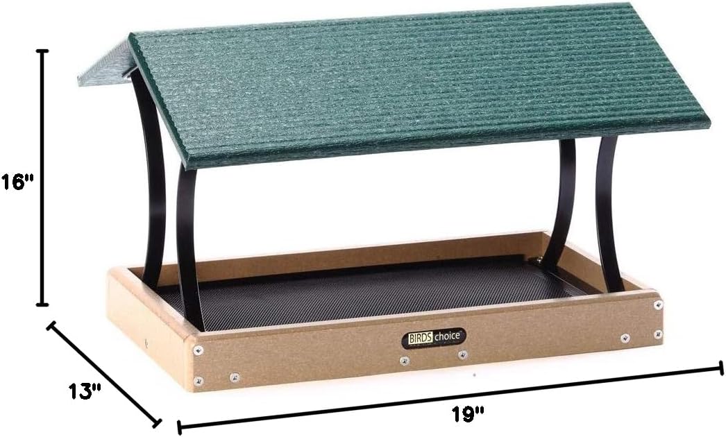 Birds Choice SNFT-300 Fly-Thru Feeder, Recycled Pole Mounted Bird Feeder, Large, Taupe/Green | Recycled Plastic Platform with Roof, Welcomes Cardinals, Jays and Other Wild Birds, 19in x 15.75in x 13in