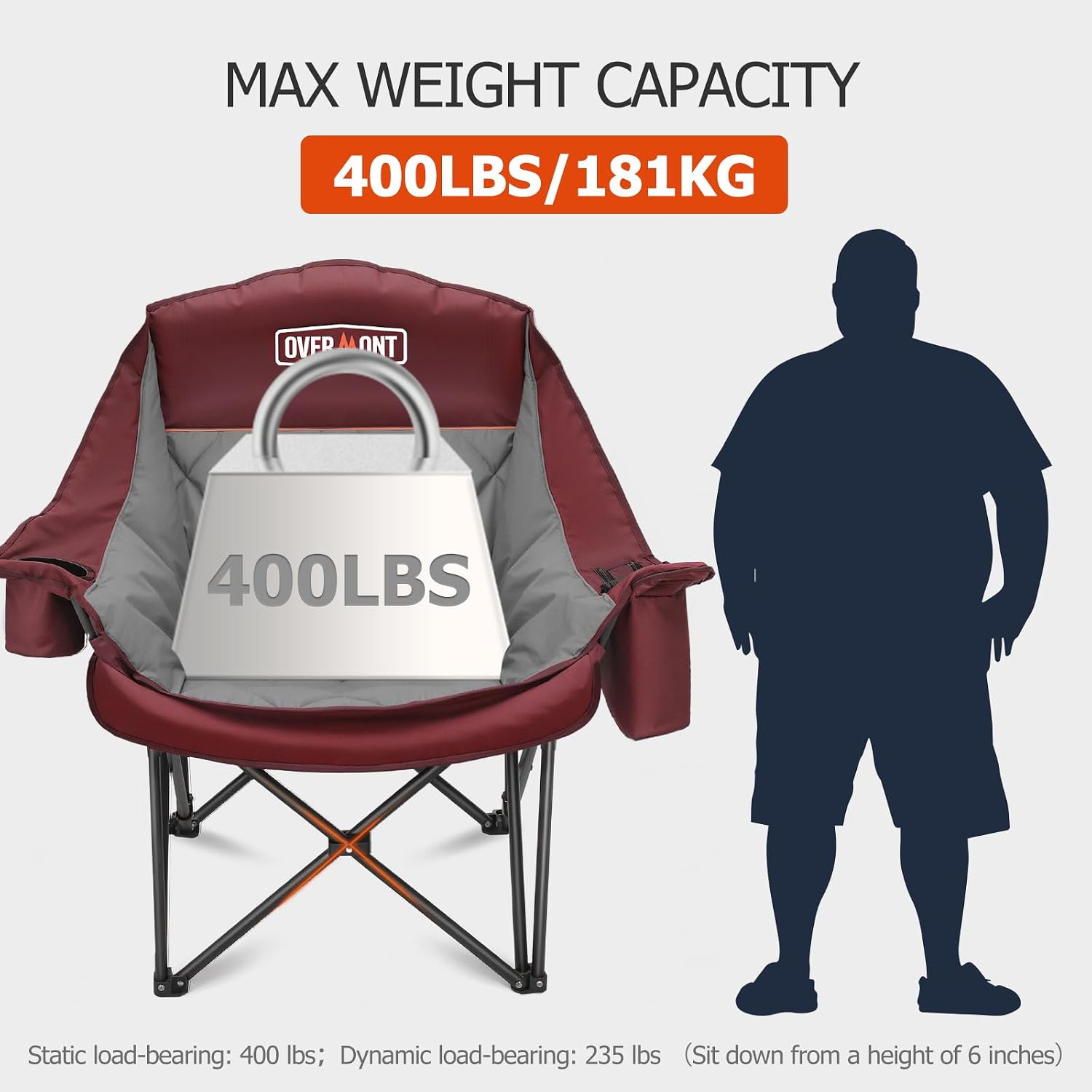 Overmont Oversized XL Camping Chair for Adults - 500lbs Support Heavy-Duty Padded Folding Chair with Side Pocket Cup Holder Cooling Bag for Outdoor Sports Garden Beach Fishing Lawn Black
