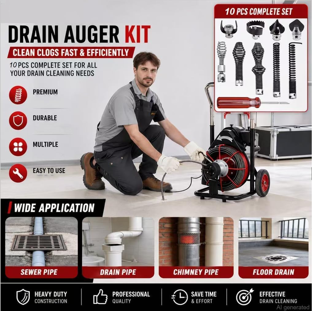 10PCS K-400 Drain Snake Drill Attachment Kit - 5/8 Inch Auger Cutter Heads & Spiral Tips Set for K-400 C-4/C-6/C-7/C-8/C-9