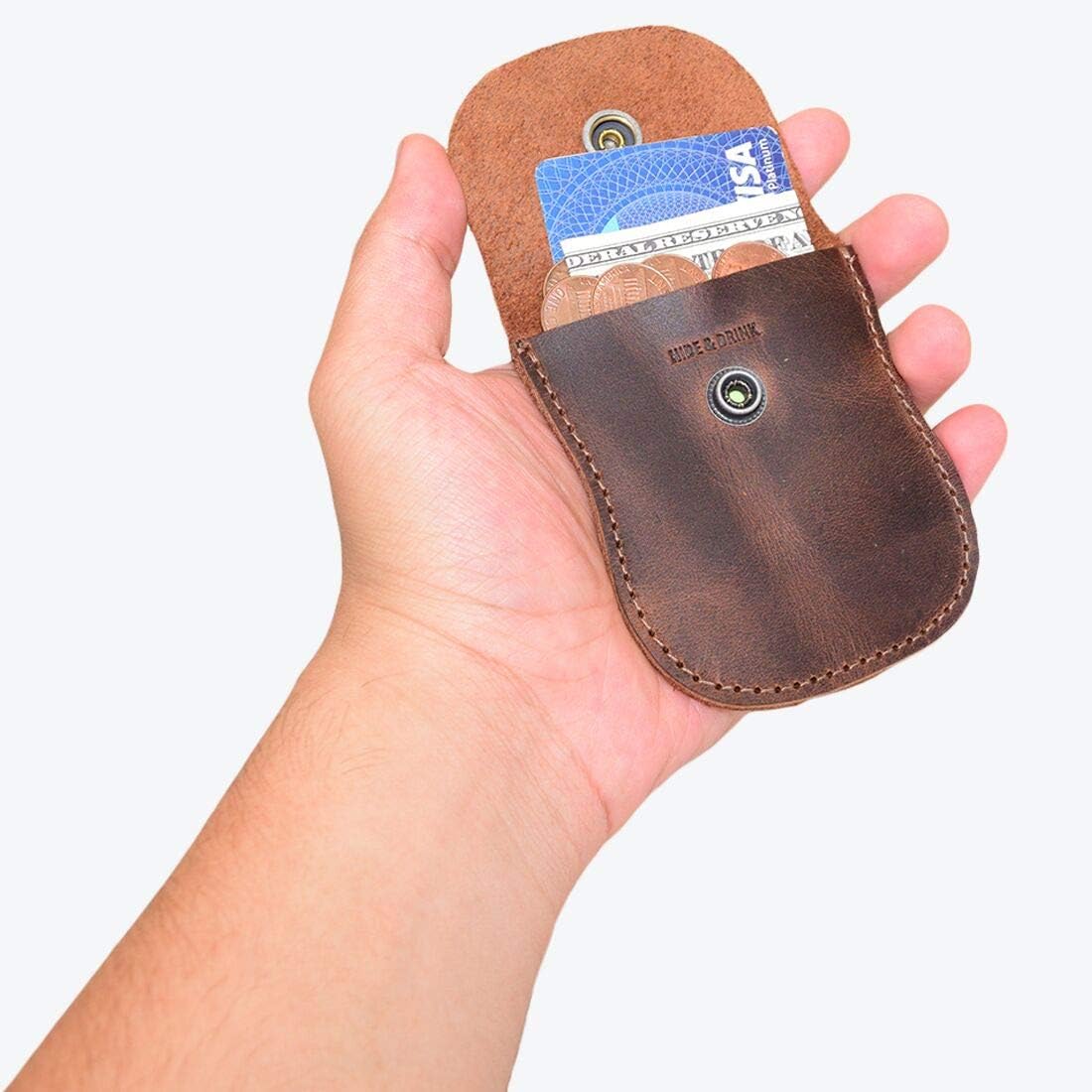 Hide & Drink, Curvy Coin Pouch, Pocket Case for Pennies, Rustic Bag, Travel Accessory, Full Grain Leather, Handmade, Bourbon Brown