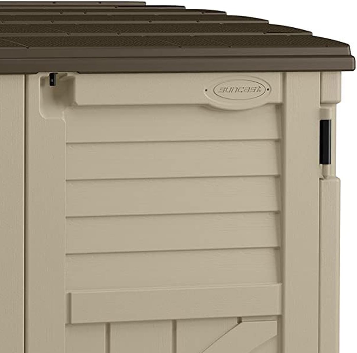 Suncast Horizontal Shed, Compact Outdoor Storage System, 34 Cu. Ft. Capacity, Sand & Slate - Lockable Multi-Wall Resin Organizer for Garbage Cans