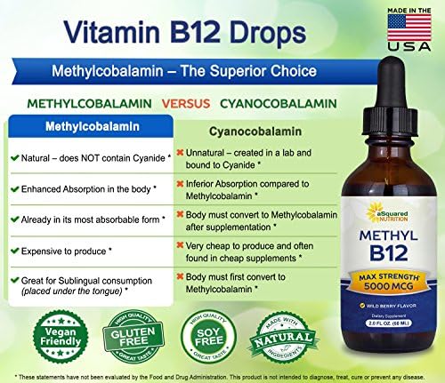 aSquared Nutrition Vitamin B12 Sublingual Liquid Drops - 5000 MCG Supplement with Methylcobalamin (Methyl B-12) - Max Absorption B 12 to Increase