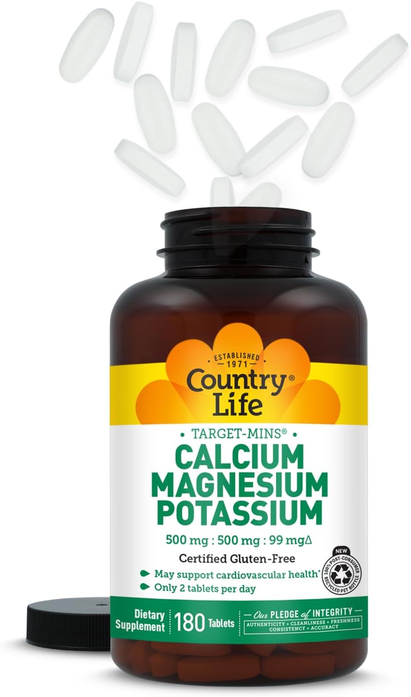 Country Life Target-Mins Calcium Magnesium Potassium, 180 Tablets | 500 mg calcium, 500 mg magnesium and 99 mg potassium per 2-tablet serving; certified gluten-free