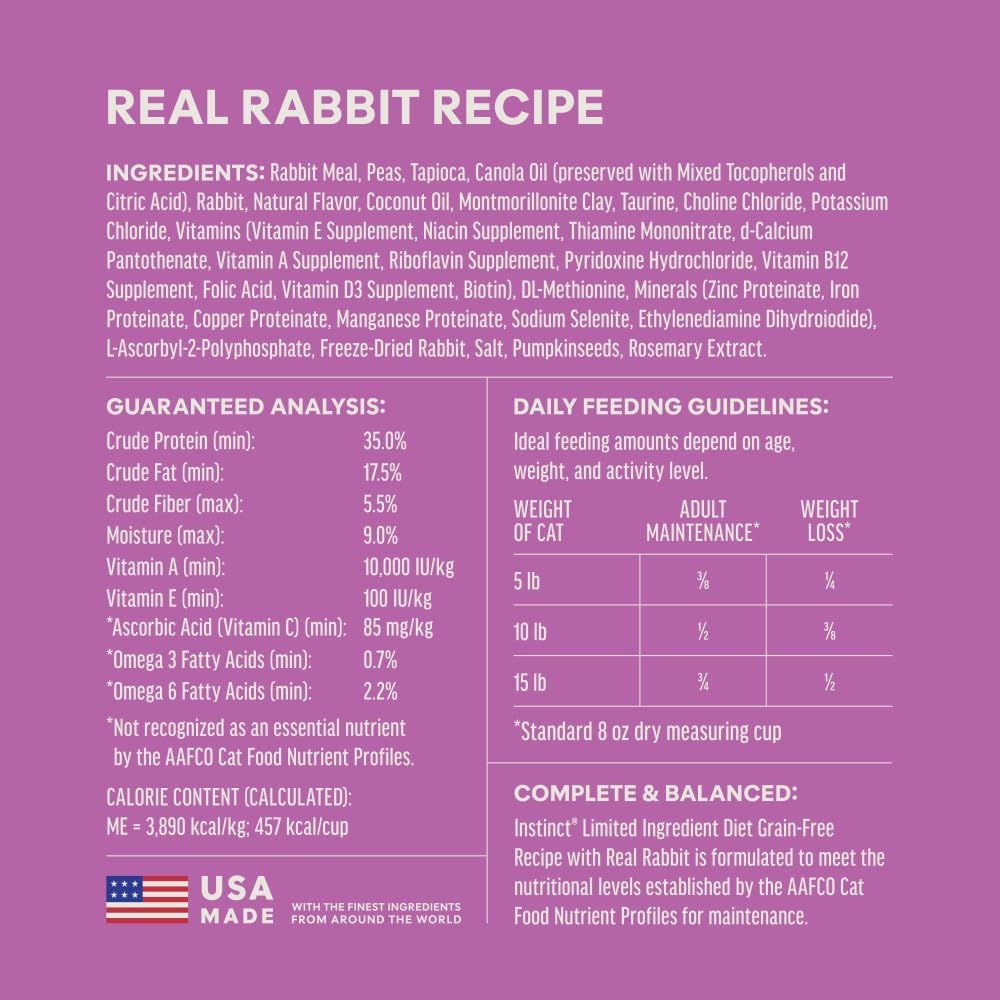 Instinct Limited Ingredient Diet Dry Cat Food, Real Rabbit, 4.5 lb. Bag | Single animal protein and vegetable recipe, raw-coated kibble, farm-raised rabbit, gentle on sensitive stomachs