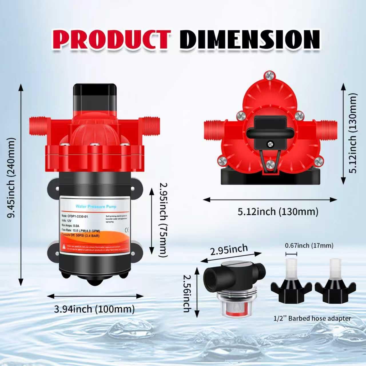 RV Fresh Water Diaphragm Pump 12 Volt DC 4.0 GPM 50PSI