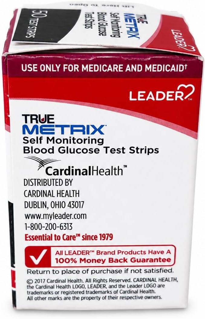 LEADER True Metrix Blood Glucose Test Strips for Diabetes, Tiny Blood Sample, Self-Monitoring, Triple Sense Technology, for Adults and Kids 12+