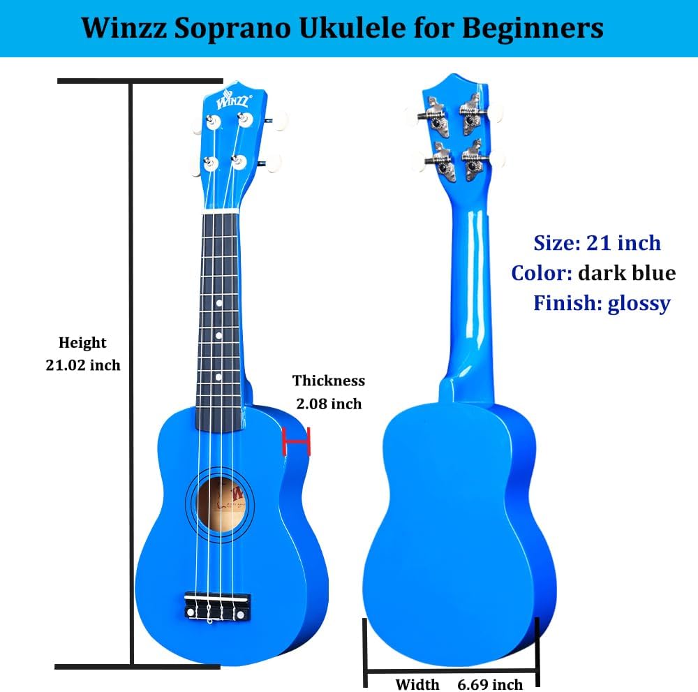 Winzz Soprano Ukulele Starter Kit For Beginners with Bag, Clip-On Tuner, Extra Strings, Strap, Plectrum, Fret Stickers, Chords Card, Polishing Cloth, Black