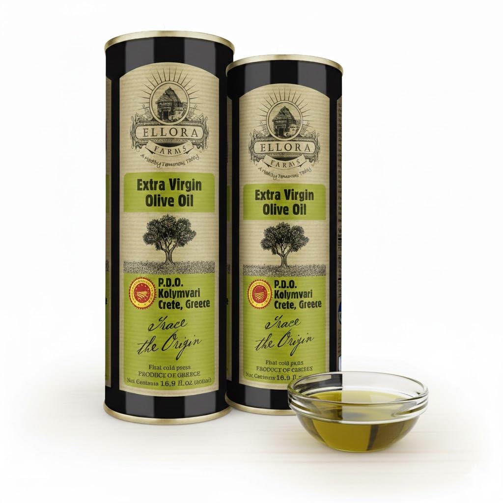 Ellora Farms Olive Oil Extra Virgin, Traceable & Certified PDO Polyphenol Rich Extra Virgin Olive Oil Cold Pressed, Global Gold Awards, Kosher, Single Origin from Crete, Greece 33.8 Fl oz, Pack of 2