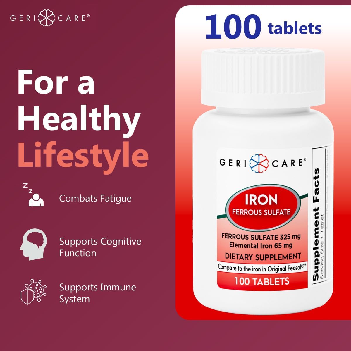 GeriCare Ferrous Sulfate Tablets 325mg, Elemental Iron 65 mg High Potency Iron Supplement | Dietary Supplement 100 Count. (Pack of 1)
