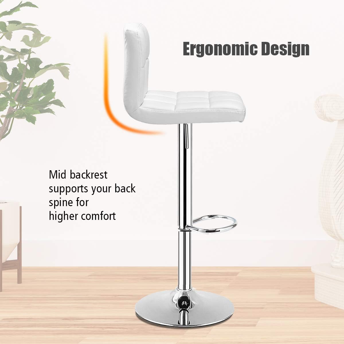 COSTWAY Bar Stool, Modern Swivel Adjustable Height PU Leather Barstools with Back, Square Armless Counter Height Bar Chair for Kitchen Island Dining Living Bistro Pub Counter, Black