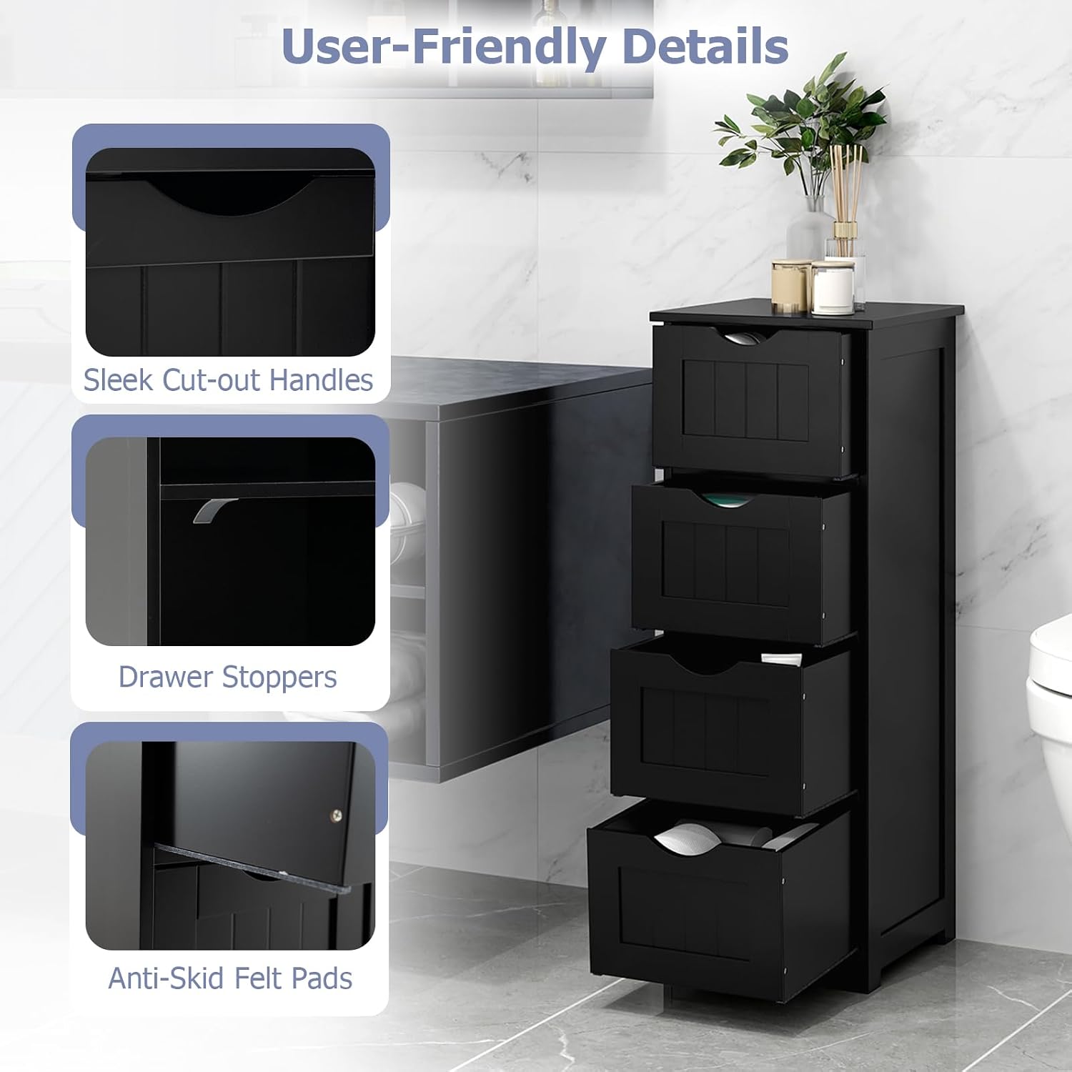 Tangkula Bathroom Floor Cabinet, Freestanding Narrow Side Storage Organizer with 4 Drawers, Multifunctional Towel Cabinet with Anti-Tip Kit for Living Room Laundry Entryway (4 Drawers, White)