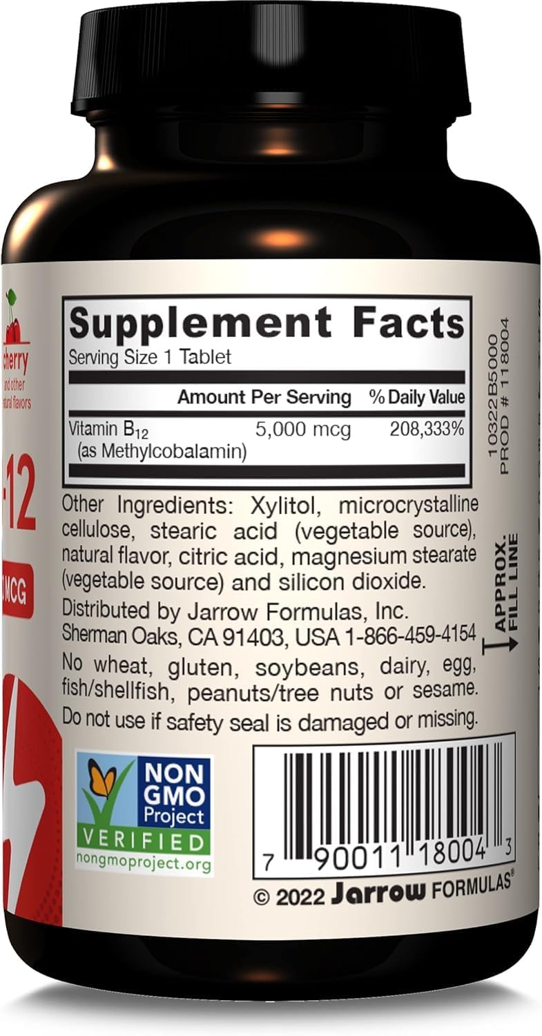 Jarrow Formulas Methyl Vitamin B12 5000 mcg - 60 Chewable Tablets, Naturally Fruit Flavored- Bioactive B12 Vitamin - Supports Cellular Energy Production, Brain Health & Metabolism - 60 Servings | Fruit Flavored, Bioactive B12 Vitamin, Supports Cellular E…