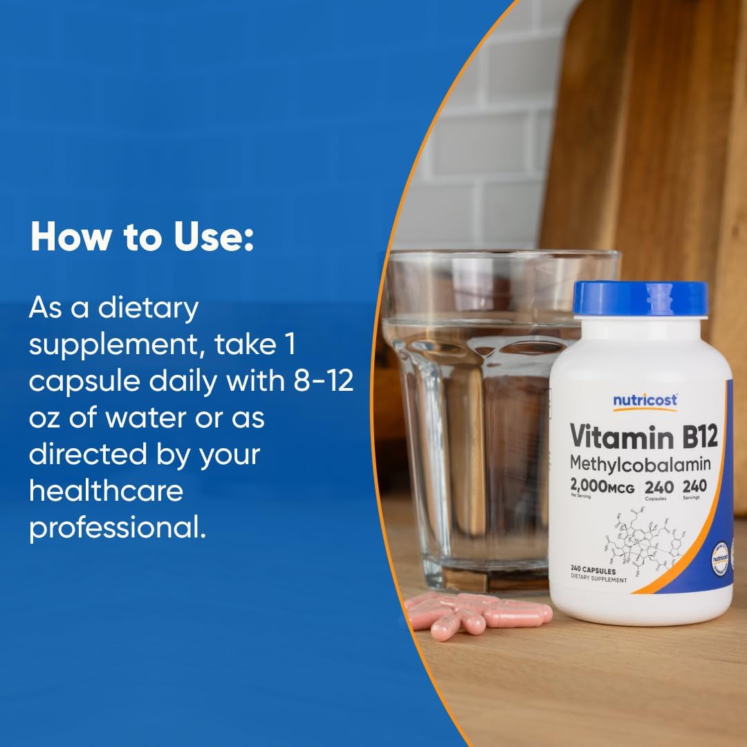 Nutricost Vitamin B12 (Methylcobalamin) 2000mcg, 240 Capsules, Gluten Free | Vegetarian Caps, GMO-Free, B12 Supplement