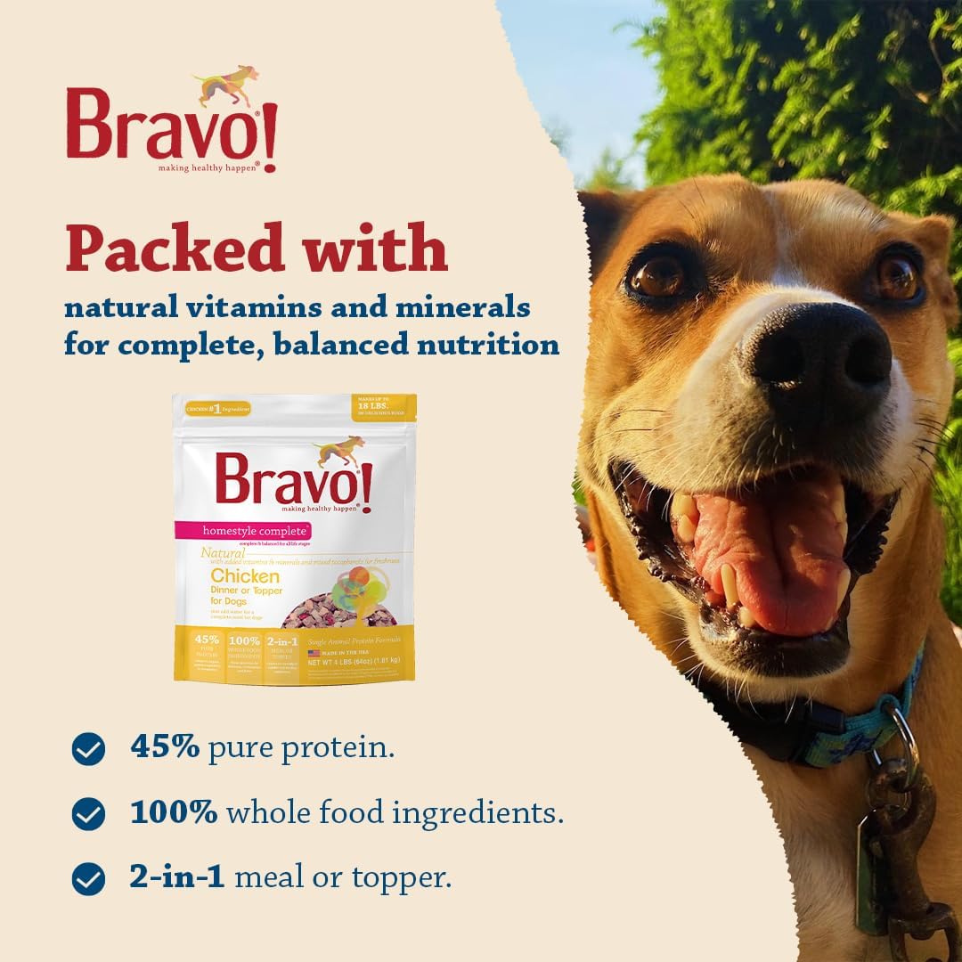 Bravo! Homestyle Complete Freeze Dried Raw Dog Food, Beef, 2 Pounds | Whole Food Ingredients, Rehydrate with Water for Up To 9 Pounds of Food, Use as Meal or Food Topper, Grain Free, Gluten Free
