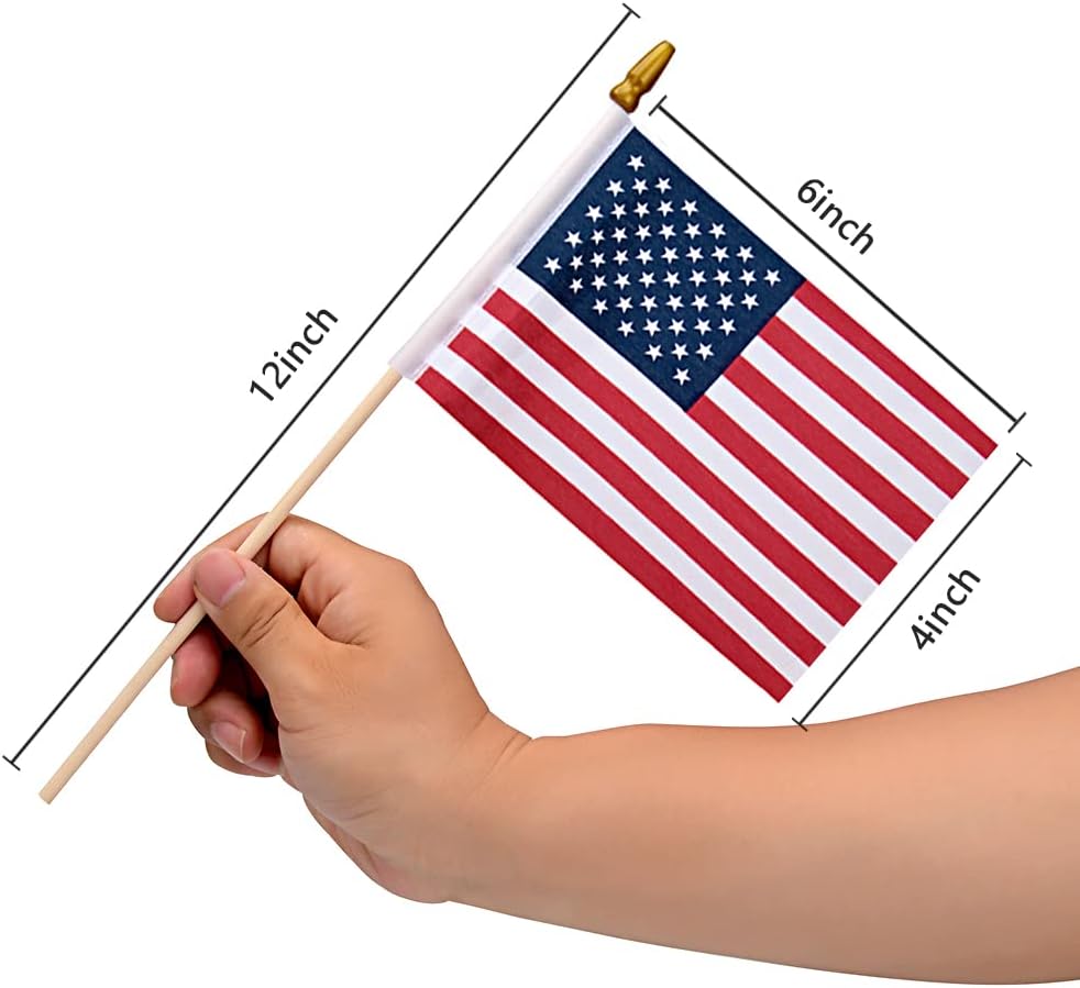 12 Pack Small American Flags on Stick Small US Flags/Mini American Flags for Outside 4x6 Inch American Hand Held Stick Flags with Kid-Safe Spear Top