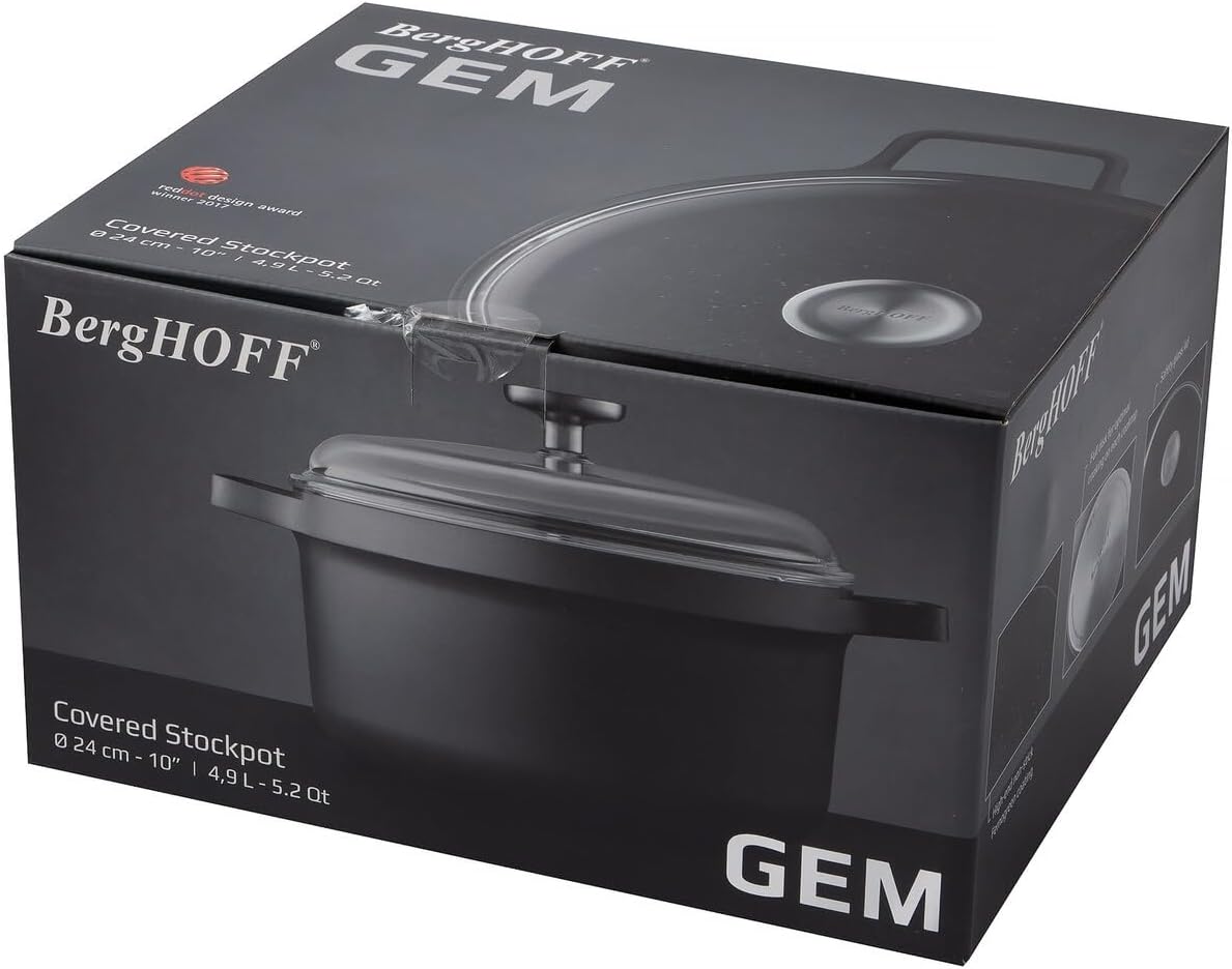 Berghoff Gem Nonstick Cast Aluminum Stockpot with Glass Lid, 10" 5.2qt | Induction Cooktop Soup Pot, Detachable Handle