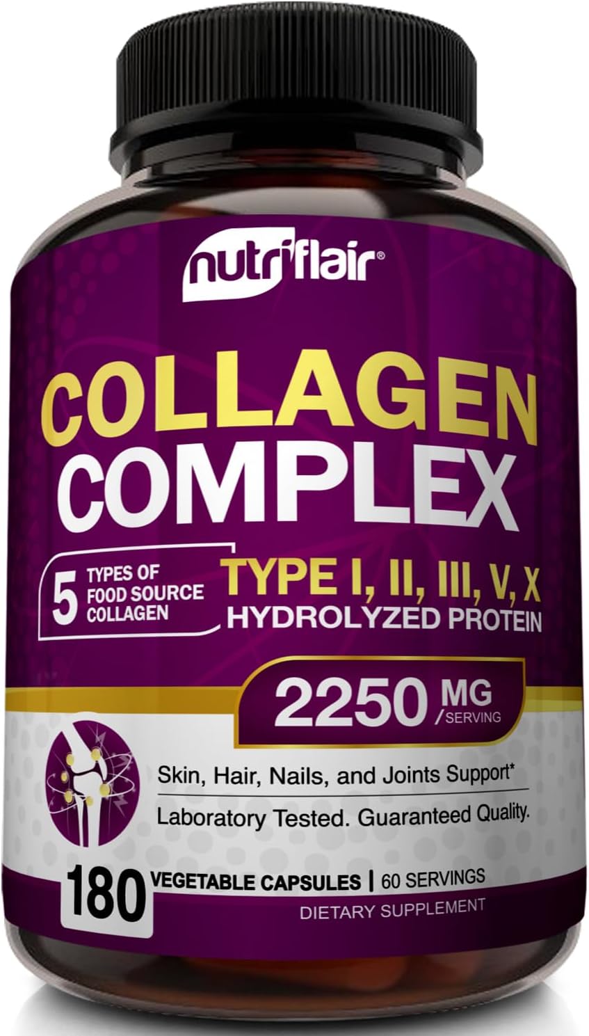 NutriFlair Multi Collagen Peptides 2250mg - Type I, II, III, V, X - Collagen Supplements Complex Powder Pills for Women and Men - Hydrolyzed Protein