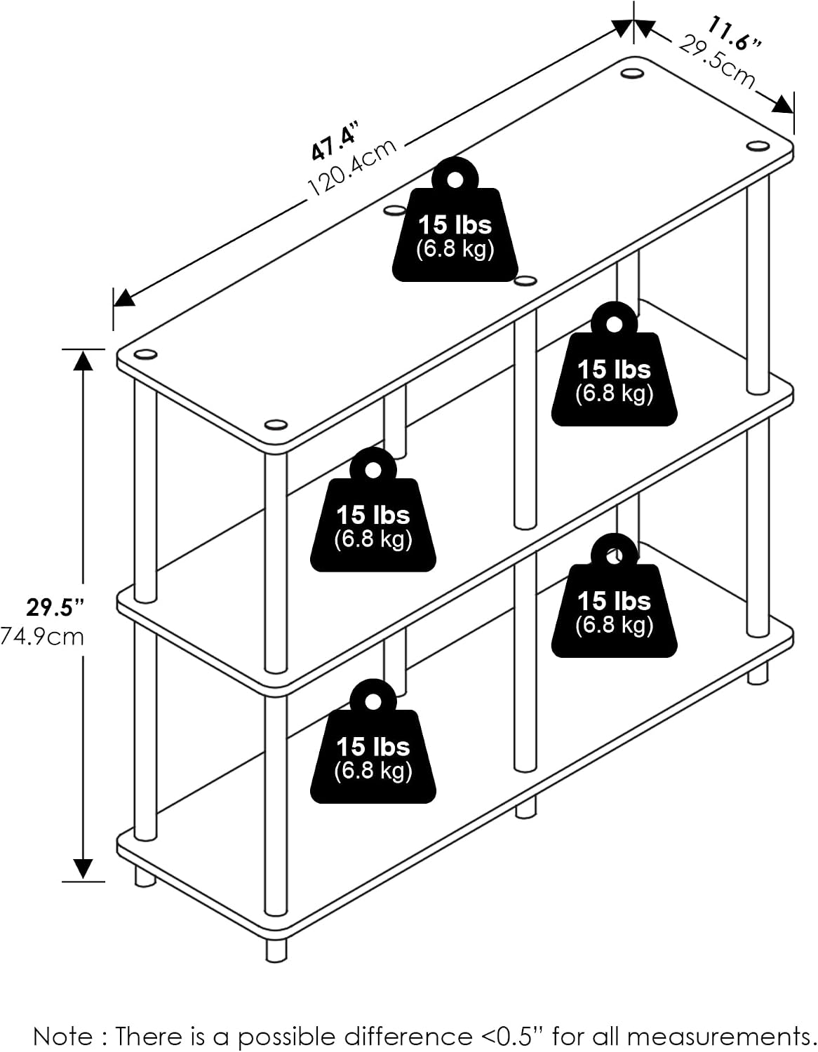 Furinno TURN-N-TUBE Storage Shelves, 3-Tier 47.4 Wide Book Shelf, Corner Shelf, Toolless Open Shelves, for Organization and Storage, Living Room, Garage, Home Office, Black