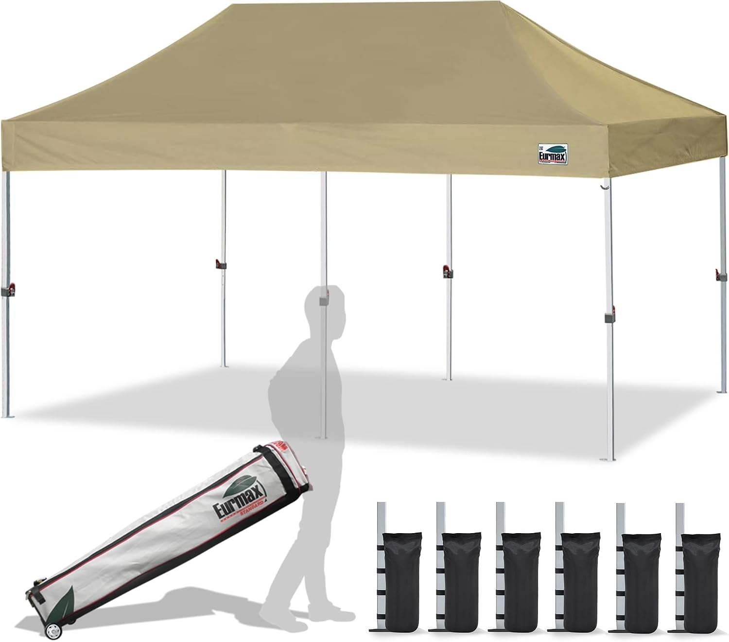 Eurmax USA 10x10ft Pop Up Canopy,Commercial Instant Tent for Outdoor Events,Patented No-Tip Rolling Storage Bag with 4 Sandbags,UV & Water Resistant,Heavy Duty Portable Shelter Gazebo,Black