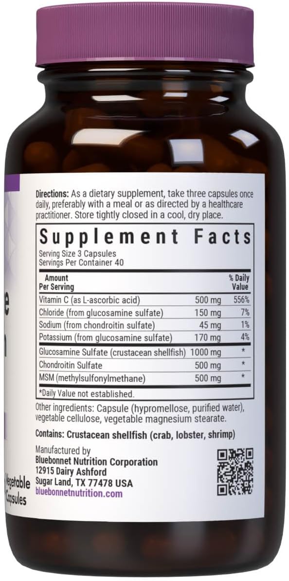Bluebonnet Nutrition Glucosamine Chondroitin Plus MSM, Glucosamine, Chondroitin Sulfate, Vitamin C & OptiMSM, Bone & Joint Health, Non GMO, Gluten Free, Soy Free, Milk Free, 180 Vegetable Capsules | Bone & Joint Health; Non-GMO, Gluten-Free, Soy-Free, Da…