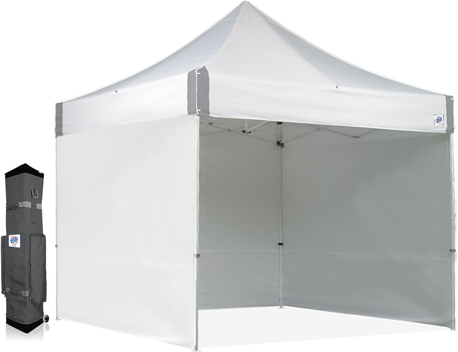 E-Z UP ES100S Instant Commercial Pop Up Canopy Tent, 10' x 10' with 3 Sidewalls, 1 Mid-Zip Sidewall and Wide-Trax Roller Bag, White