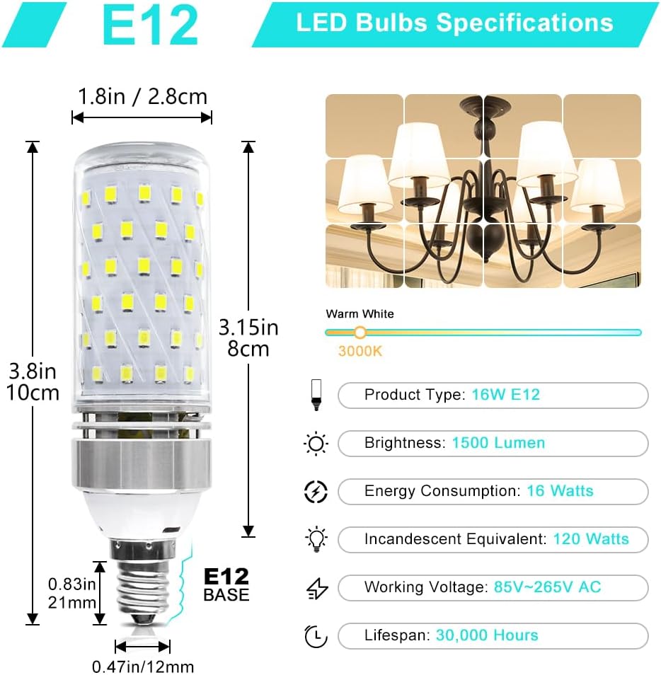 LEDLightsWorld Super Bright E12 LED Corn Bulbs, 16W 1500LM Bulbs, Daylight White 6000K Lights, CRI80+, 120W Incandescent Bulb Equivalent
