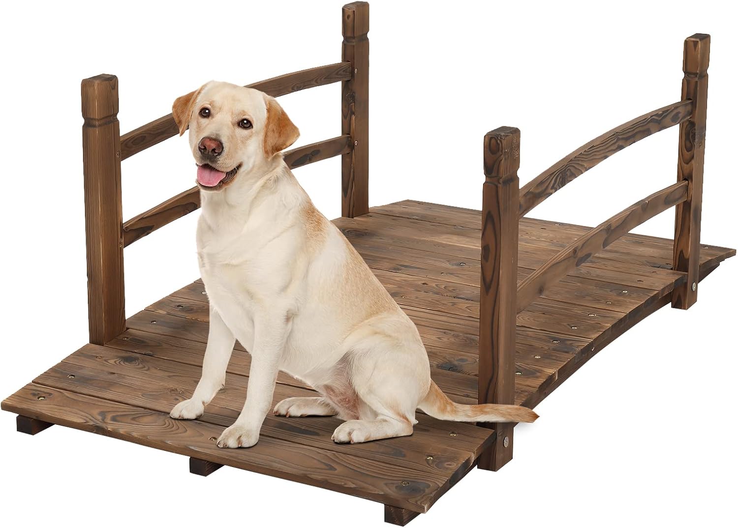 VINGLI 5 ft Garden Bridge, Classic Wooden Arch with Safety Rails Stained Finished Footbridge, Decorative Pond Landscaping, Backyard, Creek or Farm