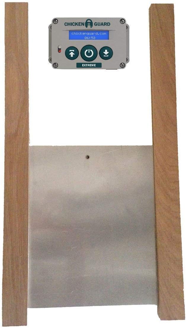 ChickenGuard Classic Door Kit Combi - 'Extreme' Auto Coop Door Opener Plus Aluminium Pop Hole Door with Oak Runners