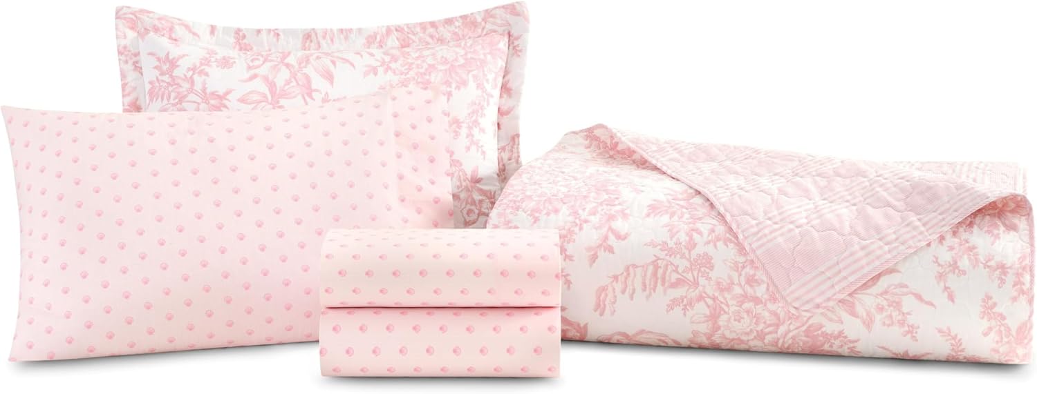 Laura Ashley – Queen Quilt Set, Soft & Lightweight Bedding with Matching Shams, Reversible Floral Room Decor, College Dorm Room Essentials (Bedford Blue)