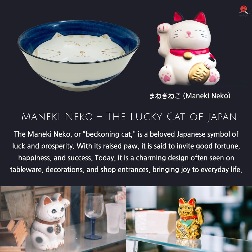 JapanBargain Set of 2 Japanese Porcelain Bowls, Large 7.5 Inch Ramen Udon Noodle Rice Soup Pho Poke Cereal Bowl, Maneki Neko Smiling Lucky Cat Pattern