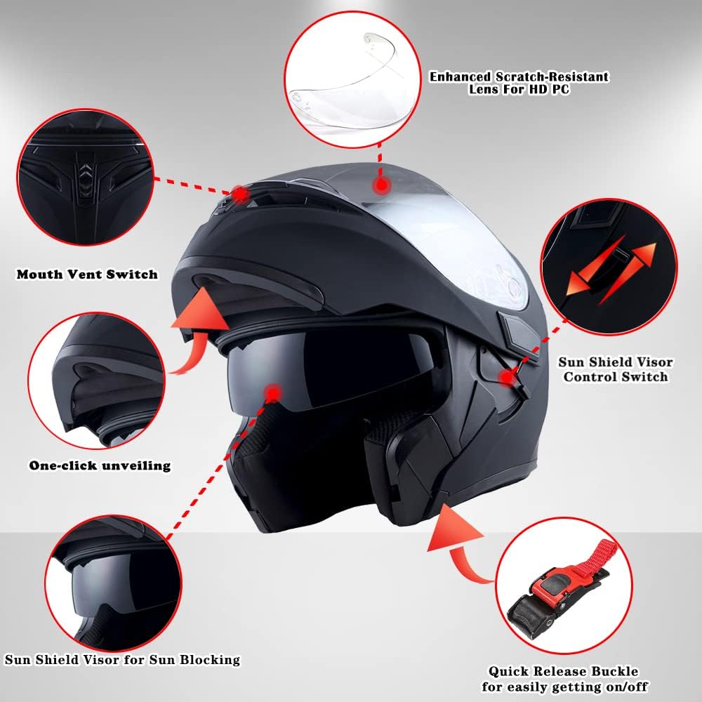 1Storm Motorcycle Modular Full Face Helmet Bike Flip up Dual Visor Sun Shield: HB89 Matt Black