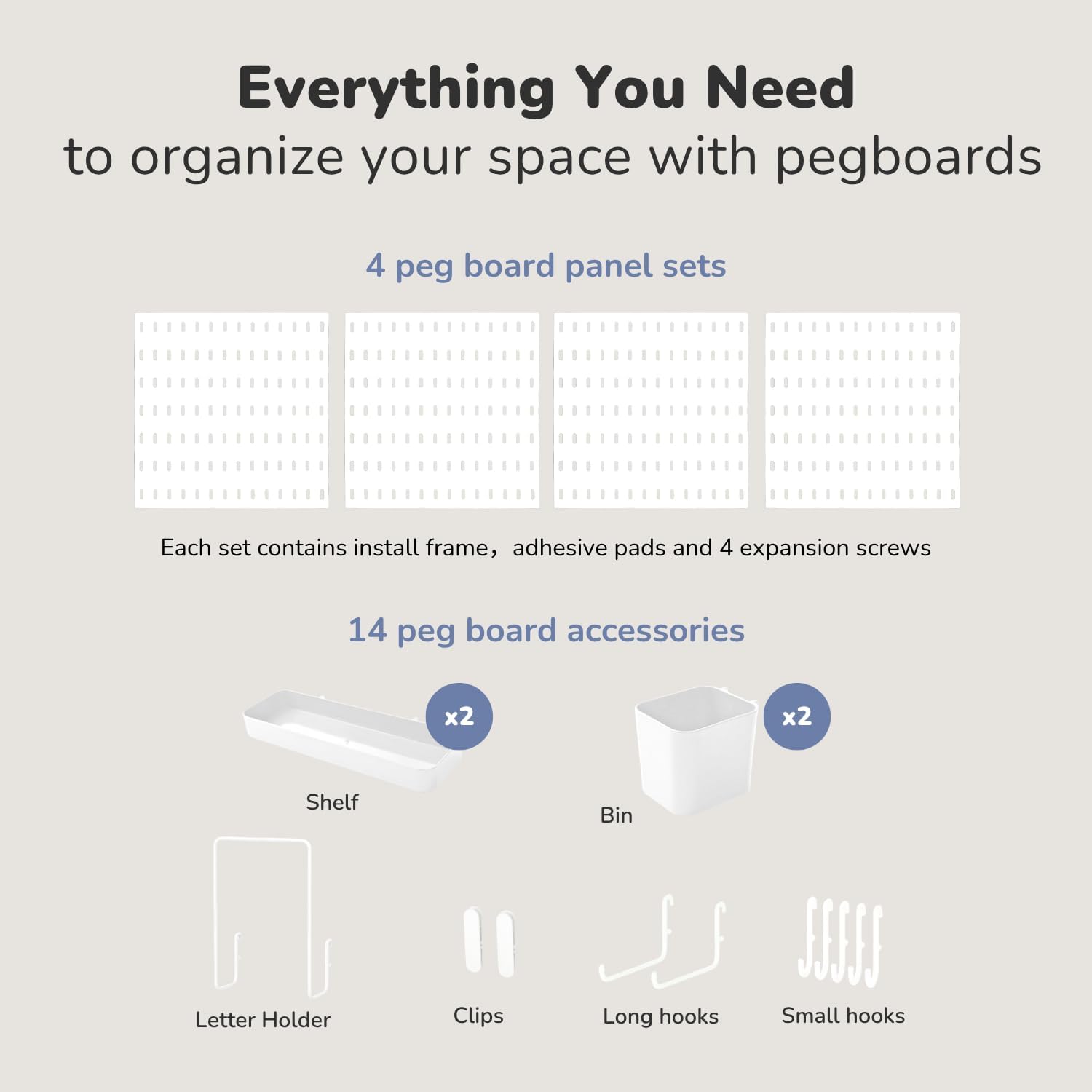 Keepo Peg Board Wall Organizer – Plastic Pegboard Panels, Modular Peg Board Storage System For Home Office, Craft Room, Gaming Setup (White