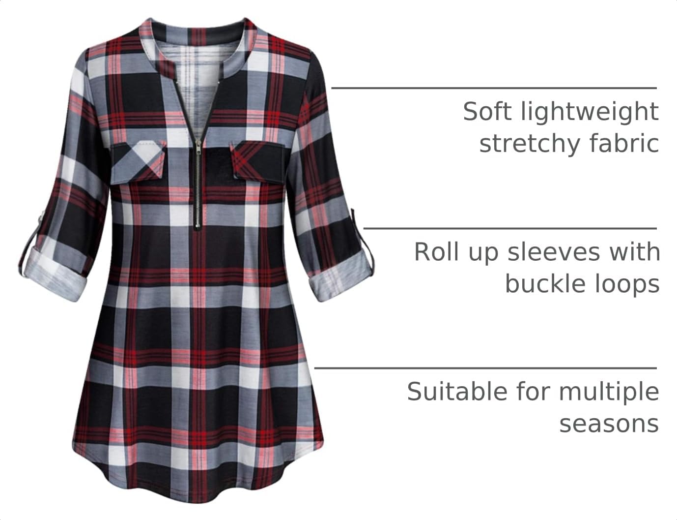 Tanst Sky Womens Casual Long Sleeve Zipped V Neck Plaid Tunic Blouses