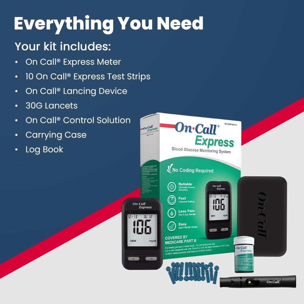 On Call Express Diabetes Testing Kit- Blood Glucose Meter, 10 Blood Test Strips, 1 Lancing Device, 30g Lancets, Control Solution, Carrying Case