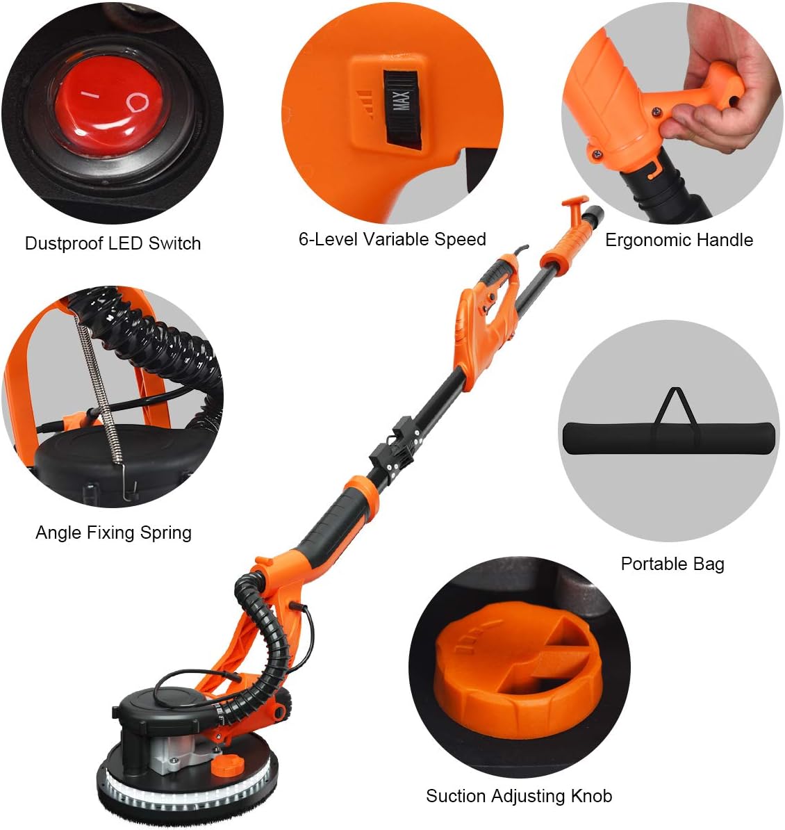 Goplus 750W Drywall Sander, Electric Foldable Sander Machine w/Dust-Free Automatic Vacuum System, 6 Variable Speed 800-1750 RPM