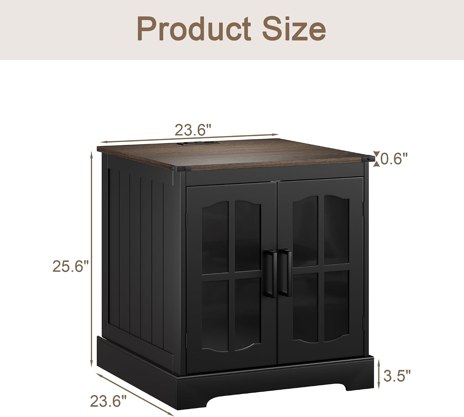 ChooChoo Farmhouse End Table with Charging Station & LED Light | Large Sofa Side Table, Rustic Square Nightstand, Glass Barn Door, Bedside Table, Storage, Living Room, Black