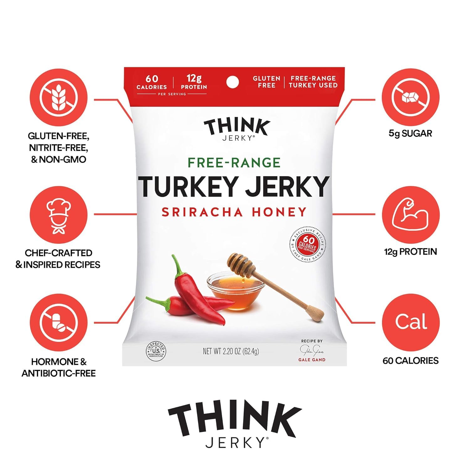 Think Jerky Sesame Teriyaki Beef Jerky, Grass-Fed High Protein Beef Jerky, Gluten Free, No Antibiotics or Nitrates, Healthy Chef Crafted Recipe, Low Calorie and Low Fat - 2.2 oz Bags, 4 Pack