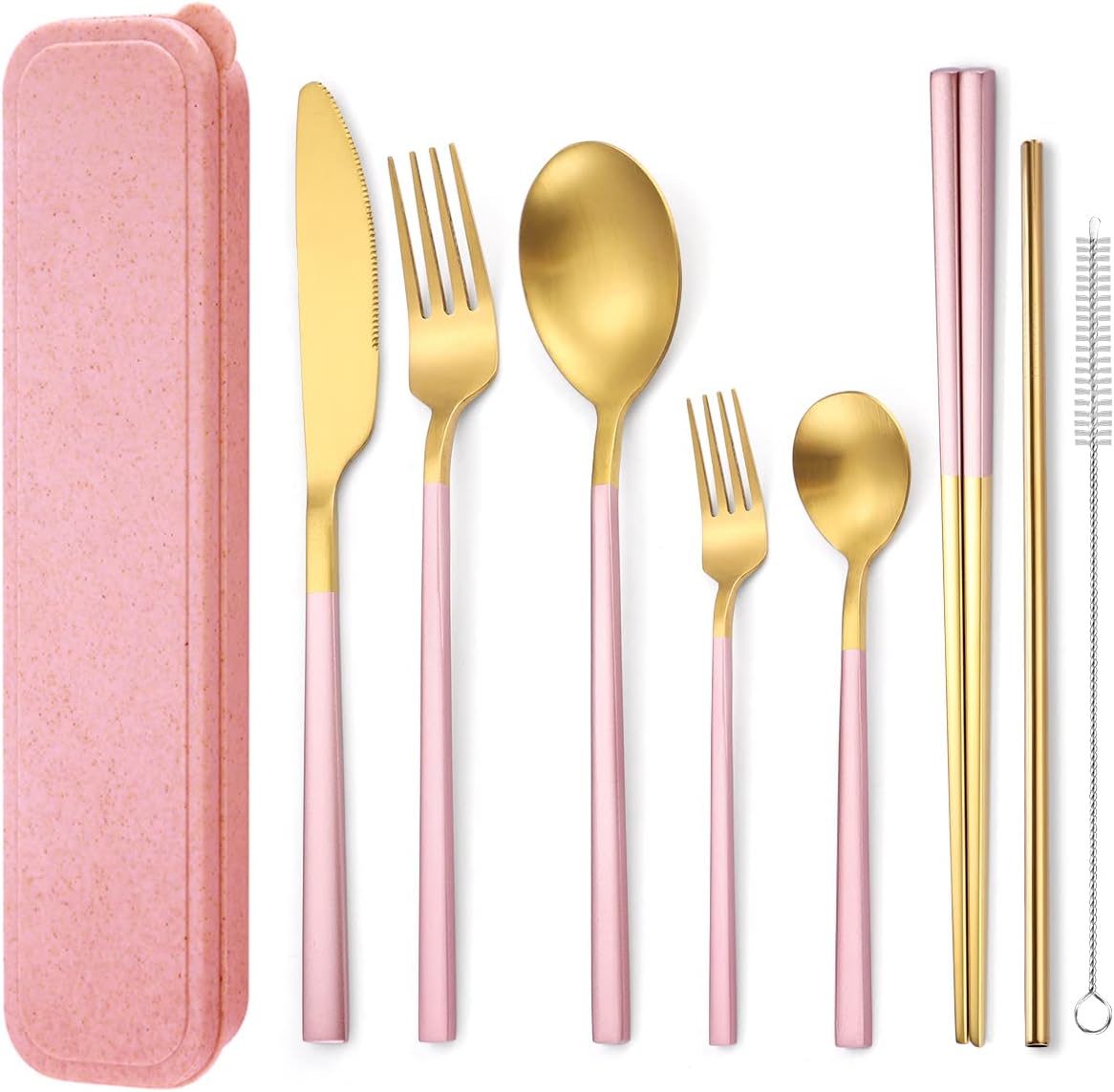 AARAINBOW 6 Pieces 18/8 Stainless Steel Flatware Set Portable Reusable Cutlery Set Travel Utensils Set Including Chopsticks Knife Fork Spoon Straws