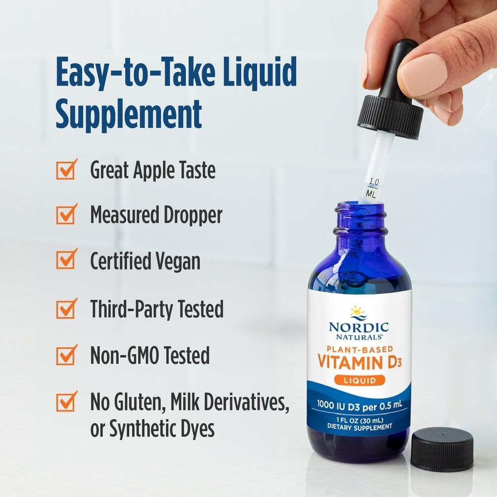 Nordic Naturals Plant-Based Vitamin D3 Liquid - 1 oz - 1000 IU Vitamin D3 - Healthy Bones, Mood & Immune System Function - Non-GMO