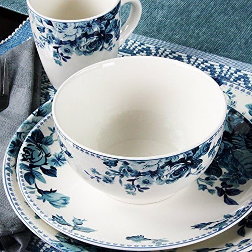 Elama Traditional Blue Rose 16 Piece Service for 4 Stoneware Dinnerware Set