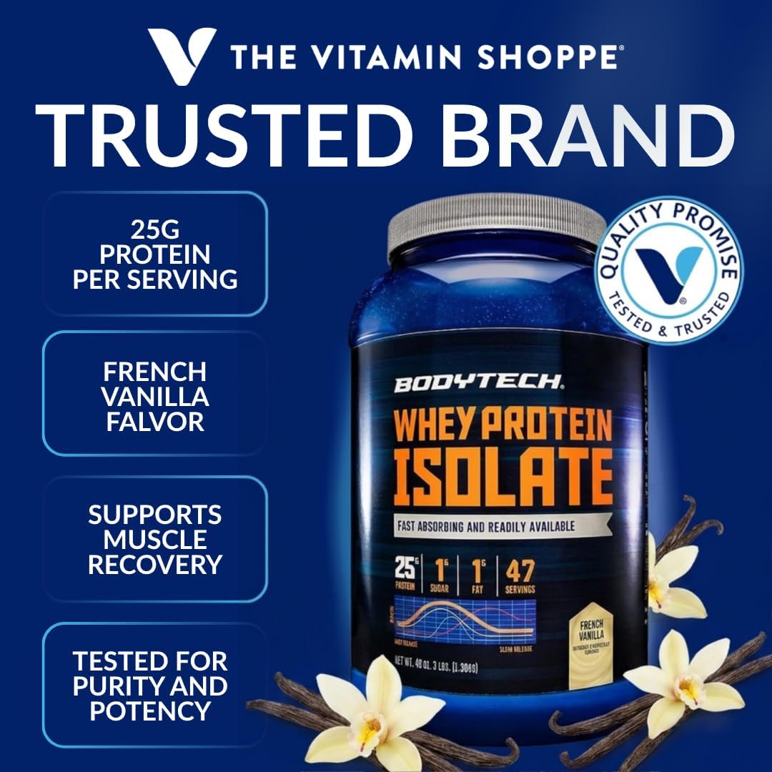 BodyTech Whey Protein Isolate Powder, French Vanilla, 1.5 LB, 23 Servings | 25G Protein per Serving, High Concentrated Protein Powder With Amino Acids & BCAAs for Men and Women, Gluten Free