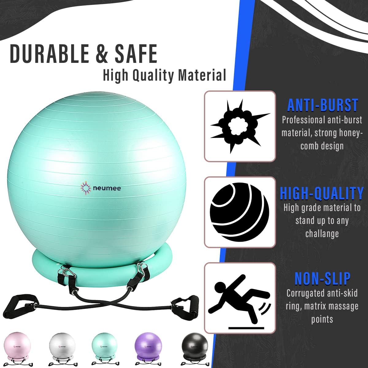 Yoga Ball Chair with 65cm Exercise Ball & 2 Resistance Bands, Stability Base for Home Office, Yoga, Pilates & Fitness, Balance Ball for Posture