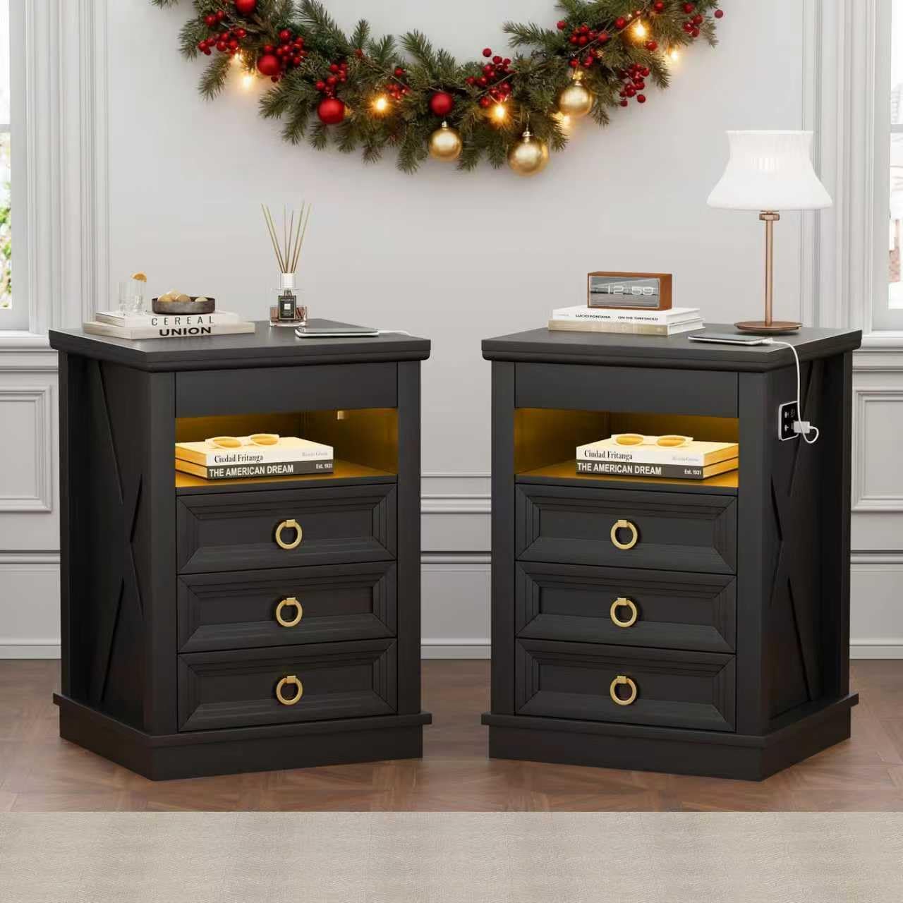 Smart LED Nightstand with Lockable Gun Drawer & Glass Top（Black） | Modern Bedside Table with Charging Station and Hidden Storage, LED Night Stand with 4 Drawers & Motion Sensor for Bedroom