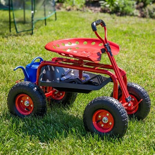 Sunnydaze Garden Seat with Wheels and Adjustable Handle, Red | Steel Rolling Gardening Seat with Utility Tray for Storage, Rotating, Swiveling Motion