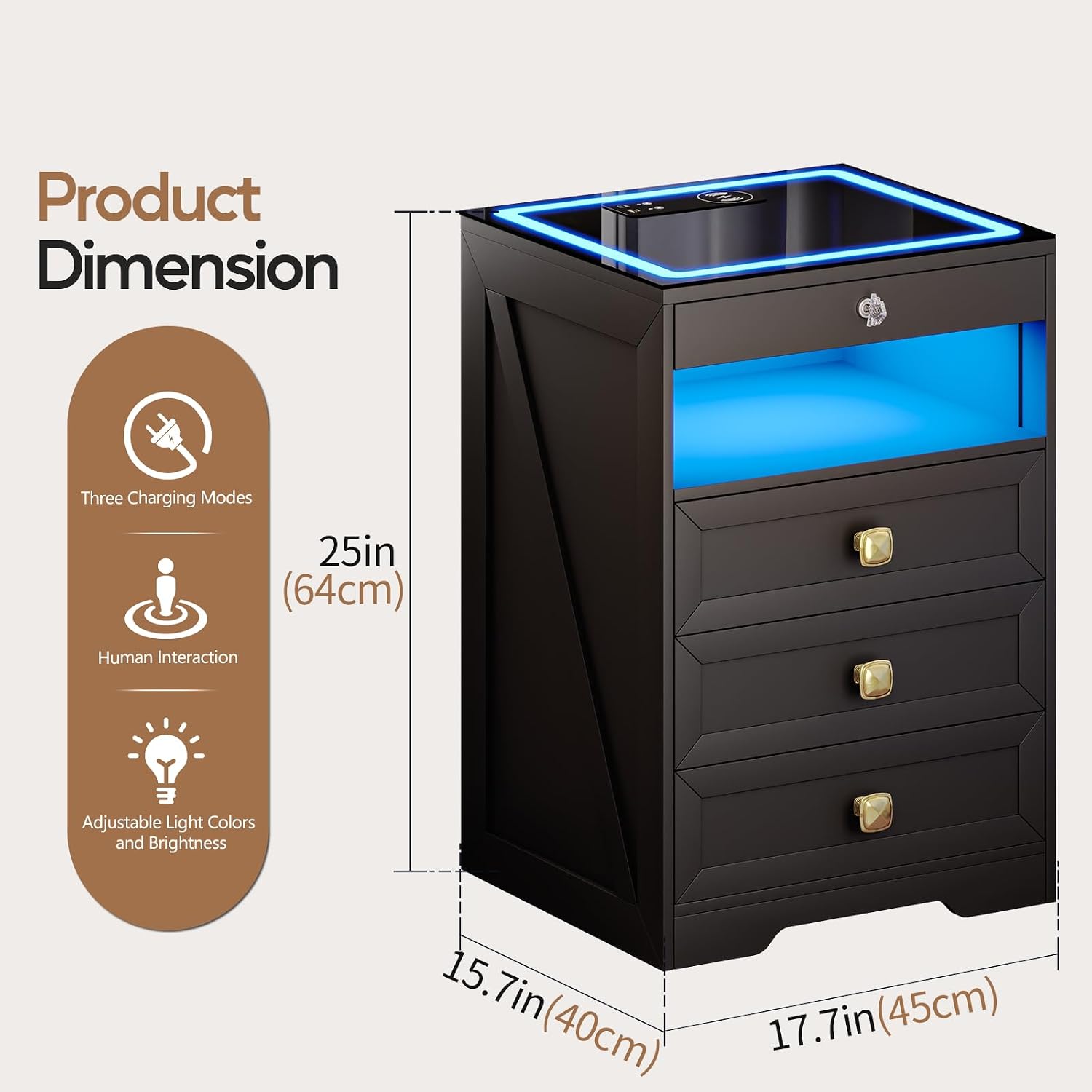 Smart LED Nightstand with Lockable Gun Drawer & Glass Top（Black） | Modern Bedside Table with Charging Station and Hidden Storage, LED Night Stand with 4 Drawers & Motion Sensor for Bedroom