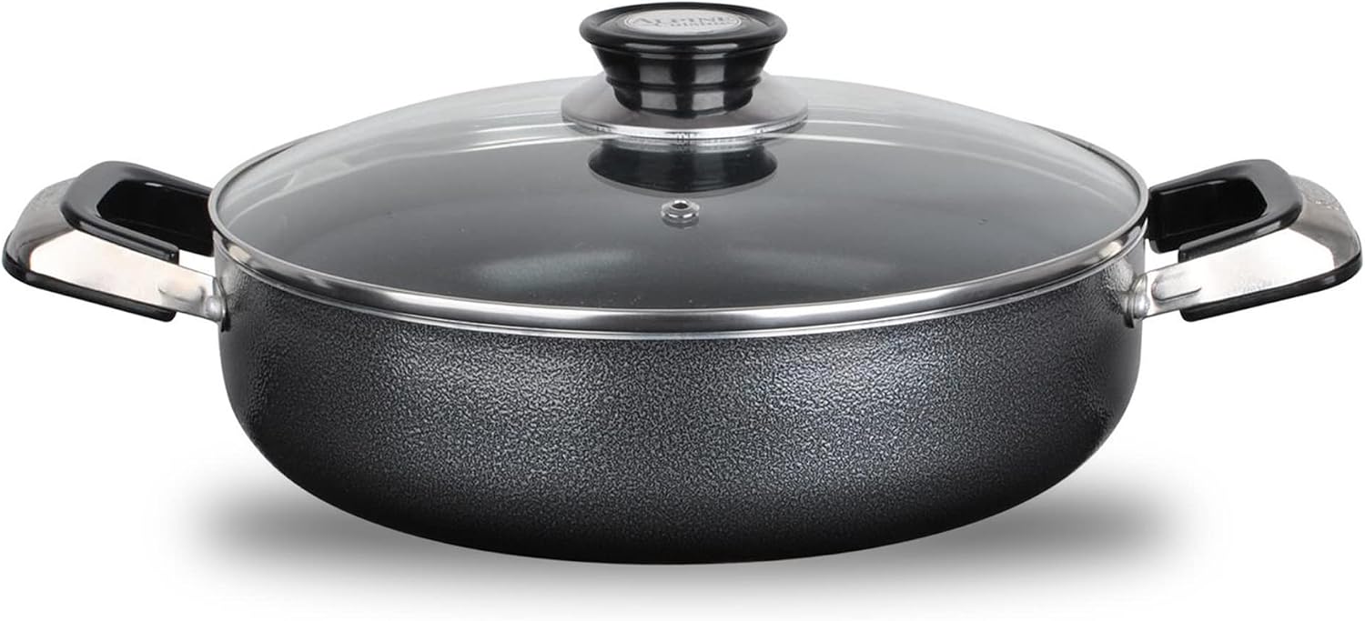 Alpine Cuisine 4 Quart Non-stick Stock Pot with Tempered Glass Lid and Carrying Handles, Multi-Purpose Cookware Aluminum Dutch Oven for Braising, Boiling, Stewing