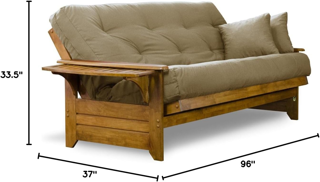 Brentwood Tray Arm Futon Frame, Drawers, and Khaki Mattress Set - Queen, Rich Heritage Finish